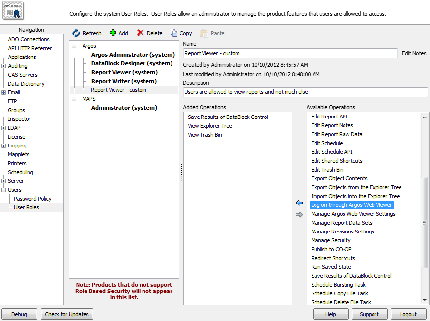 MAPS Config tool screen showing the list of available operations that can be assigned to user roles.